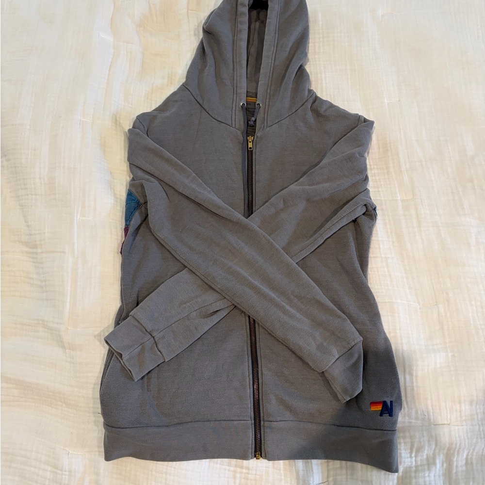 Aviator Nation Gray zip-up Hoodie with fun rainbow back piece! - Picture 2 of 5